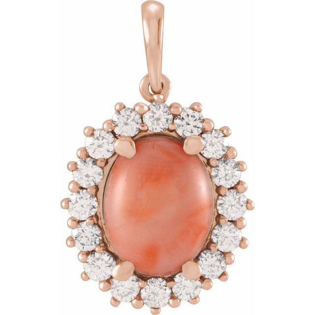 14K Rose Natural Pink Coral & 1/2 CTW Natural Diamond Halo-Style Pendant