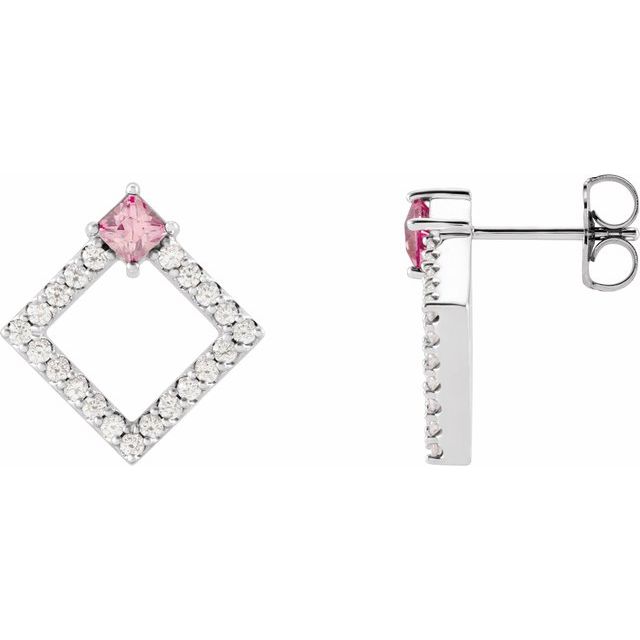 14K White Natural Pink Tourmaline & 1/3 CTW Natural Diamond Earrings