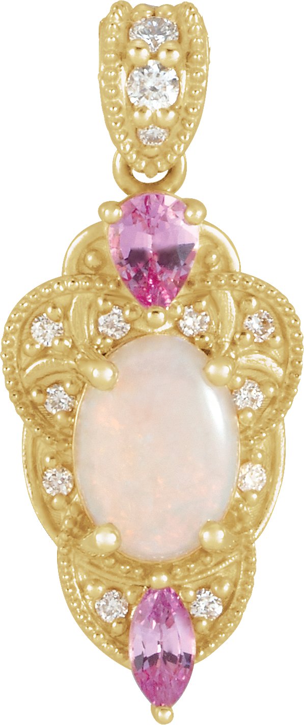 14K Yellow Natural White Opal, Natural Pink Sapphire & 1/10 CTW Natural Diamond Pendant