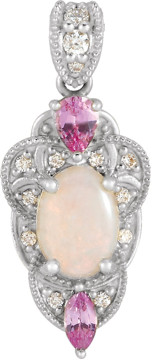 14K White Opal, Pink Sapphire and .10 CTW Diamond Vintage Inspired Pendant Ref. 16628538