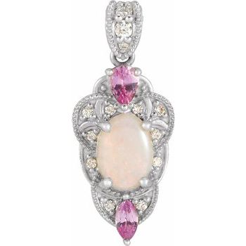 Sterling Silver Opal, Pink Sapphire and .10 CTW Diamond Vintage Inspired Pendant Ref. 16628542