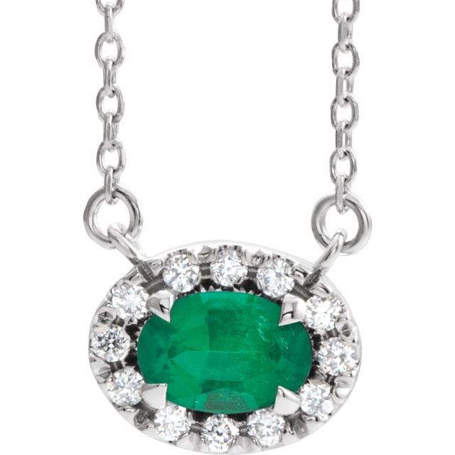 14K White 5x3 mm Lab-Grown Emerald & .05 CTW Natural Diamond 18