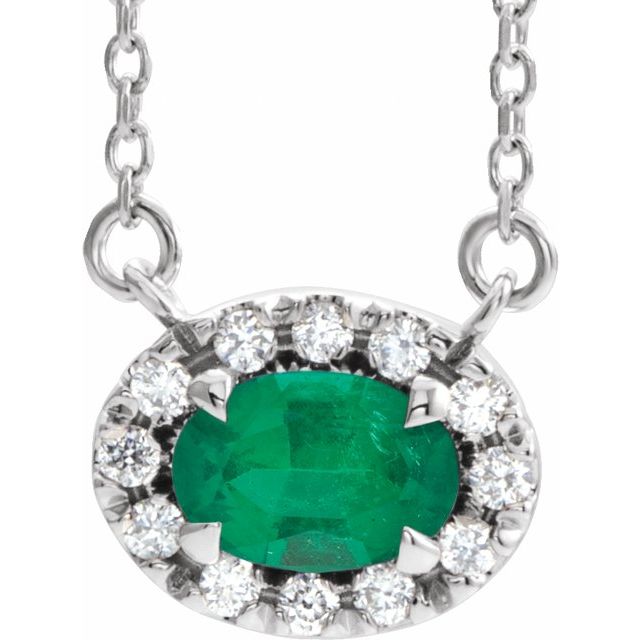14K White 7x5 mm Lab-Grown Emerald & 1/6 CTW Natural Diamond 18