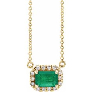 14K Yellow 7x5 mm Lab-Grown Emerald & 1/5 CTW Natural Diamond Halo-Style 18" Necklace