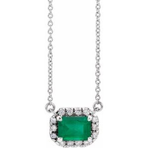 14K White 6x4 mm Natural Emerald & 1/5 CTW Natural Diamond Halo-Style 18" Necklace