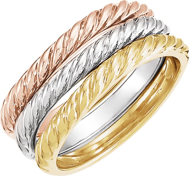 14K Tri-Color Twisted Rope Stackable Band - Set of 3