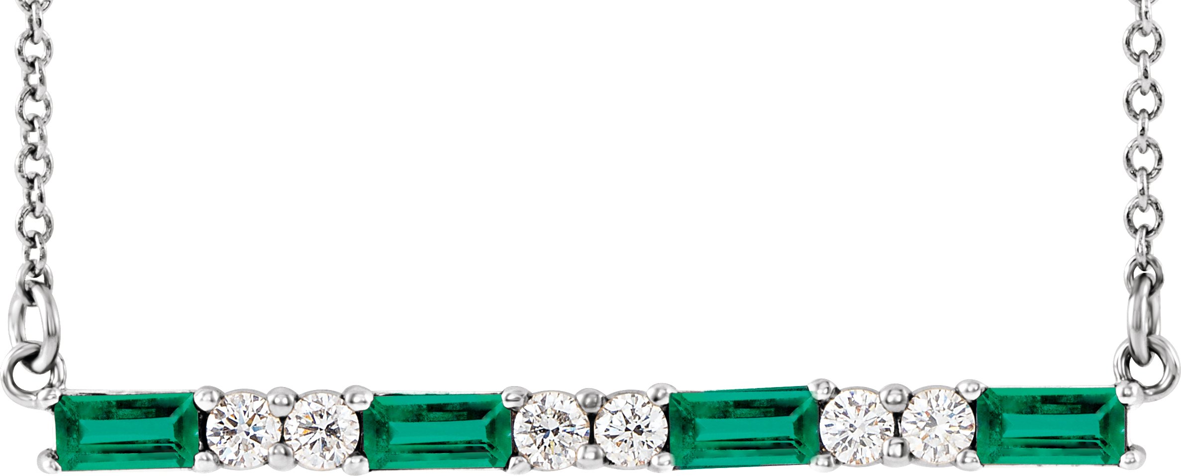 14K White Lab-Grown Emerald & 1/6 CTW Natural Diamond Bar 16-18 Necklace    