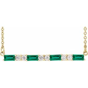 14K Yellow Natural Emerald & 1/5 CTW Natural Diamond Bar 16-18" Necklace