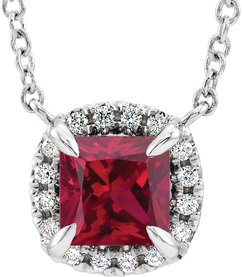 14K White Natural Ruby & .05 CTW Natural Diamond 18" Necklace 