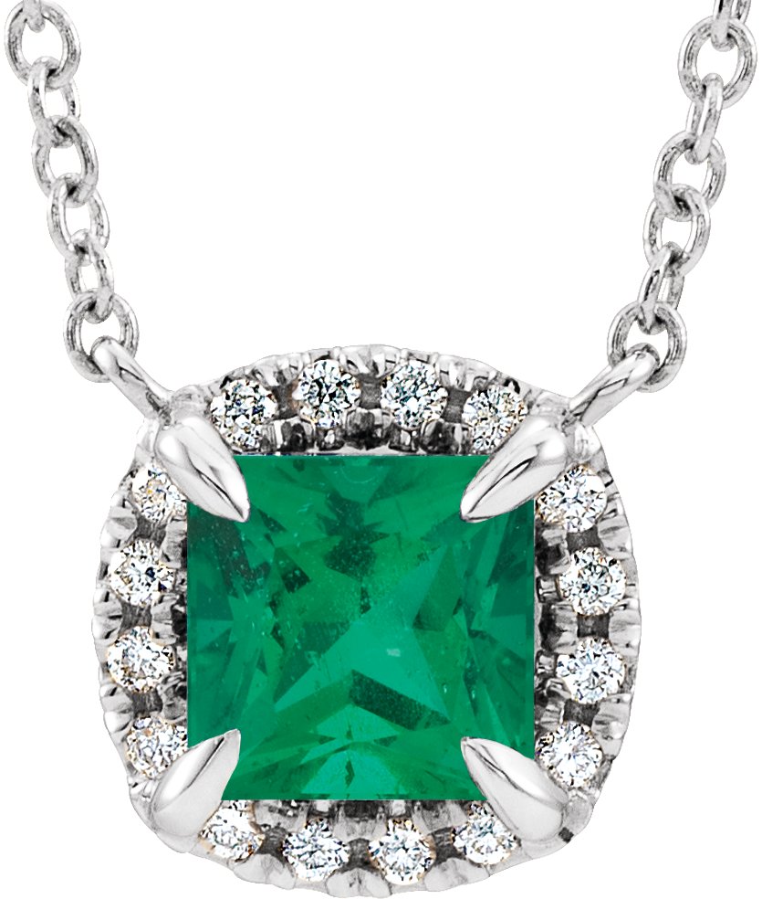 14K White Natural Emerald & .05 CTW Natural Diamond 18" Necklace 