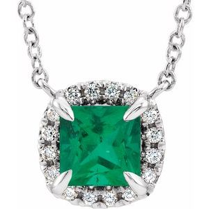 14K White 3x3 mm Lab-Grown Emerald & .05 CTW Natural Diamond 16" Necklace