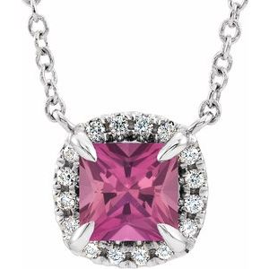 14K White 3x3 mm Natural Pink Tourmaline & .05 CTW Natural Diamond 18" Necklace