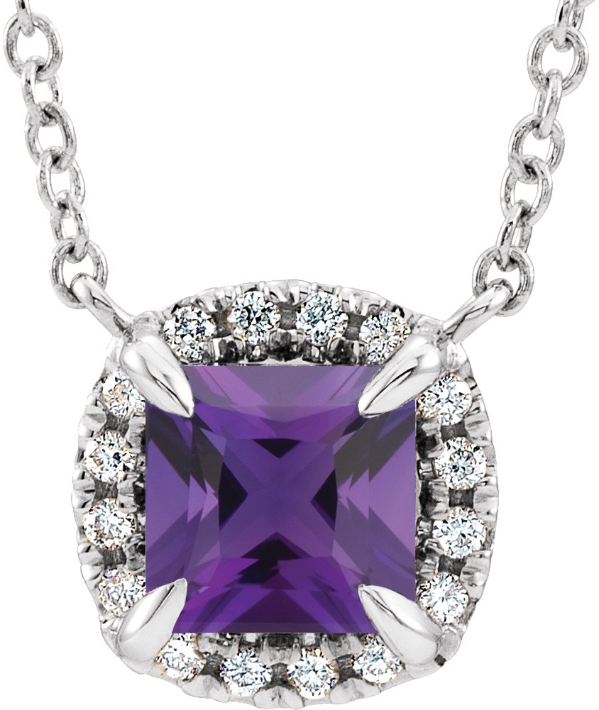 14K White Natural Amethyst & .05 CTW Natural Diamond 18" Necklace 