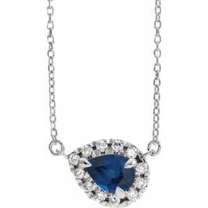 14K White 8x5 mm Natural Blue Sapphire & 1/5 CTW Natural Diamond 18" Necklace