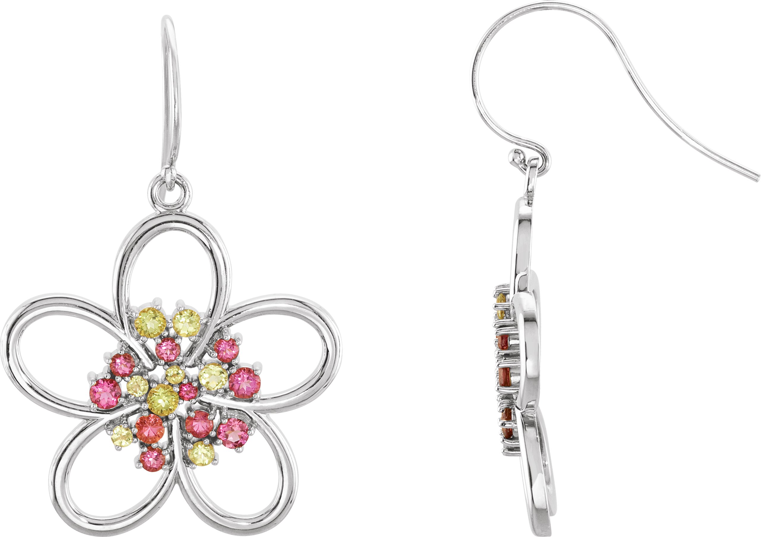 14K White Peridot and Pink Tourmaline Flower Earrings Ref 3415426