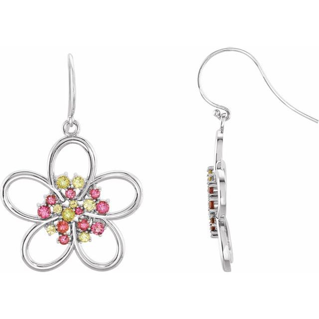 Sterling Silver Natual Peridot & Natual Pink Tourmaline Flower Earrings