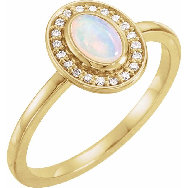 14K Yellow Natural White Opal & .08 CTW Natural Diamond Halo-Style Ring