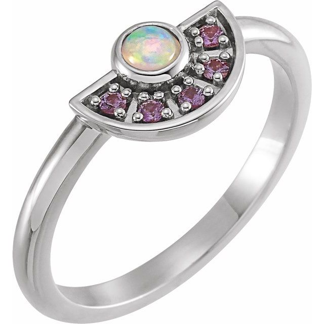 Platinum Natural White Ethiopian Opal & Natural Pink Sapphire Fan Ring