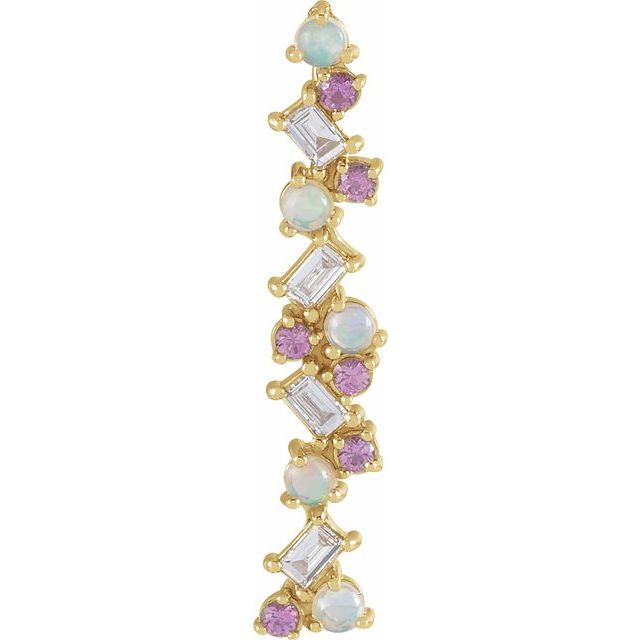 14K Yellow Natural Ethiopian Opal, Natural Pink Sapphire & 1/8 CTW Natural Diamond Scattered Bar Pendant