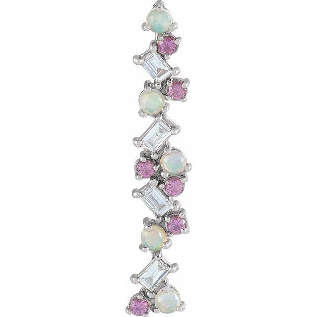 14K White Natural Ethiopian Opal, Natural Pink Sapphire & 1/8 CTW Natural Diamond Scattered Bar Pendant