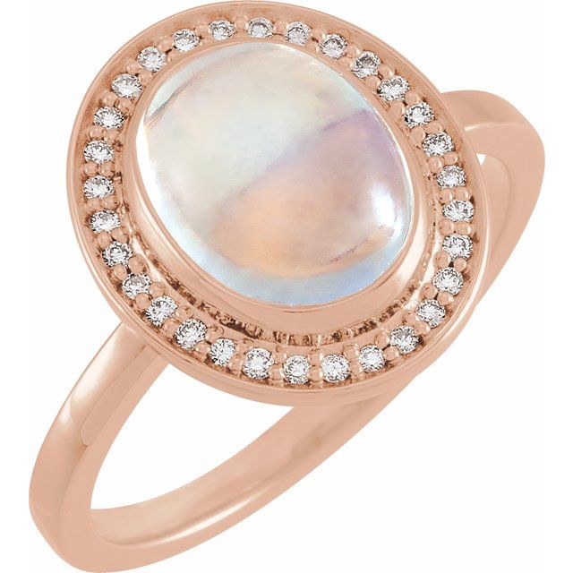 14K Rose Natural Rainbow Moonstone & 1/8 CTW Natural Diamond Halo-Style Ring 