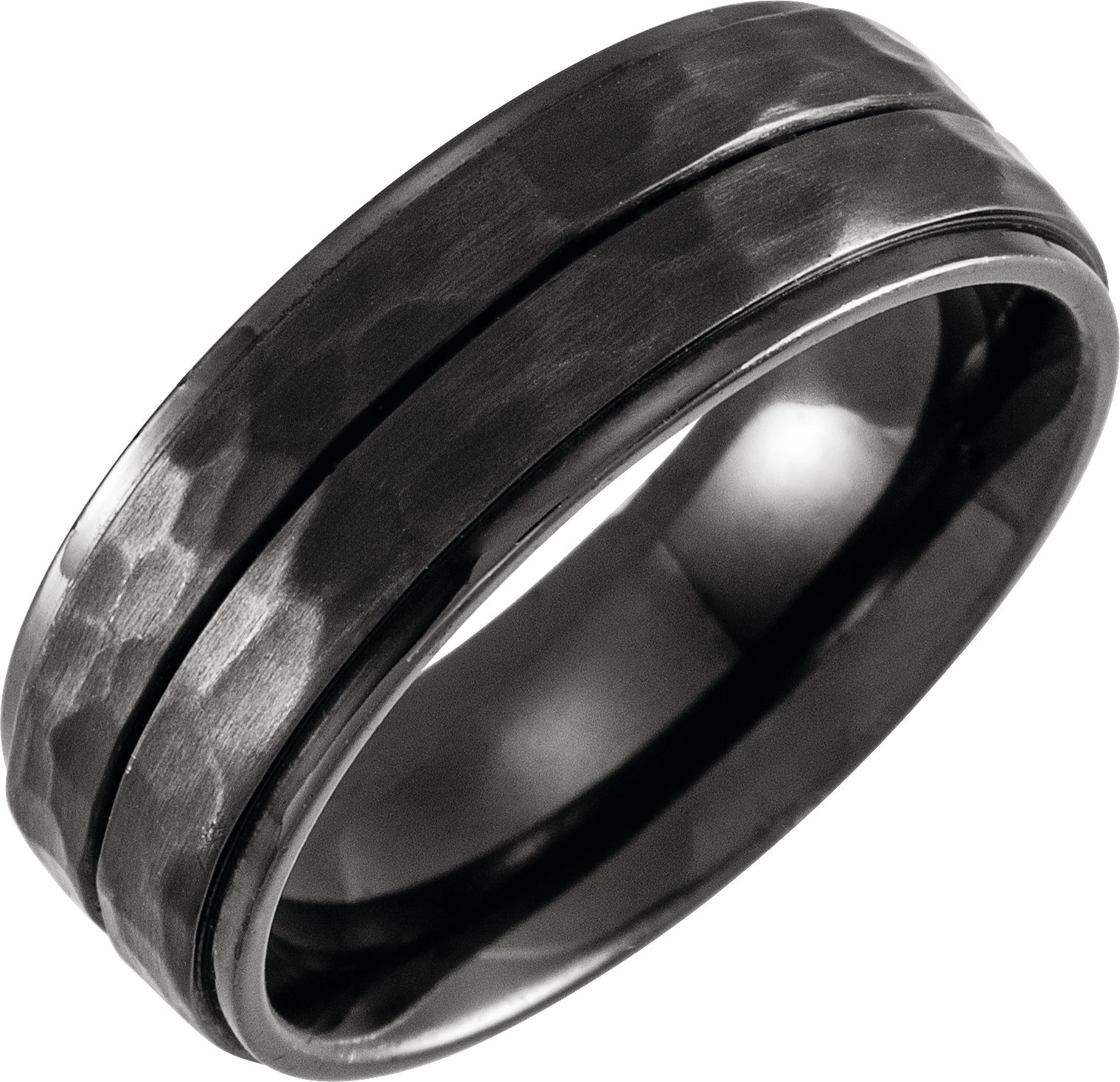 Black Titanium 8 mm Flat Grooved Stepped Hammered Band Size 8.5