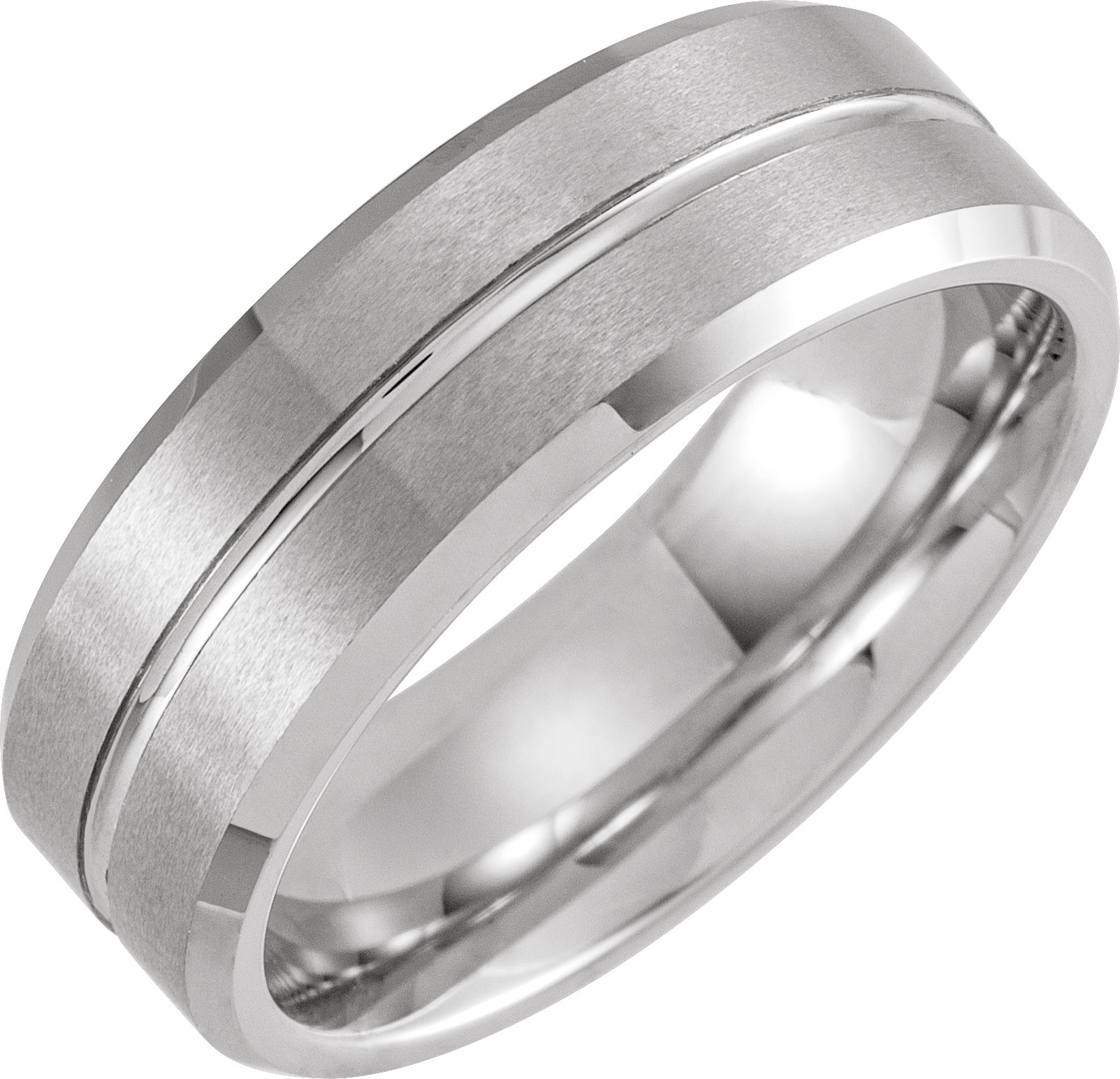 White PVD Tungsten 8 mm Beveled Grooved Matte Band Size 10 