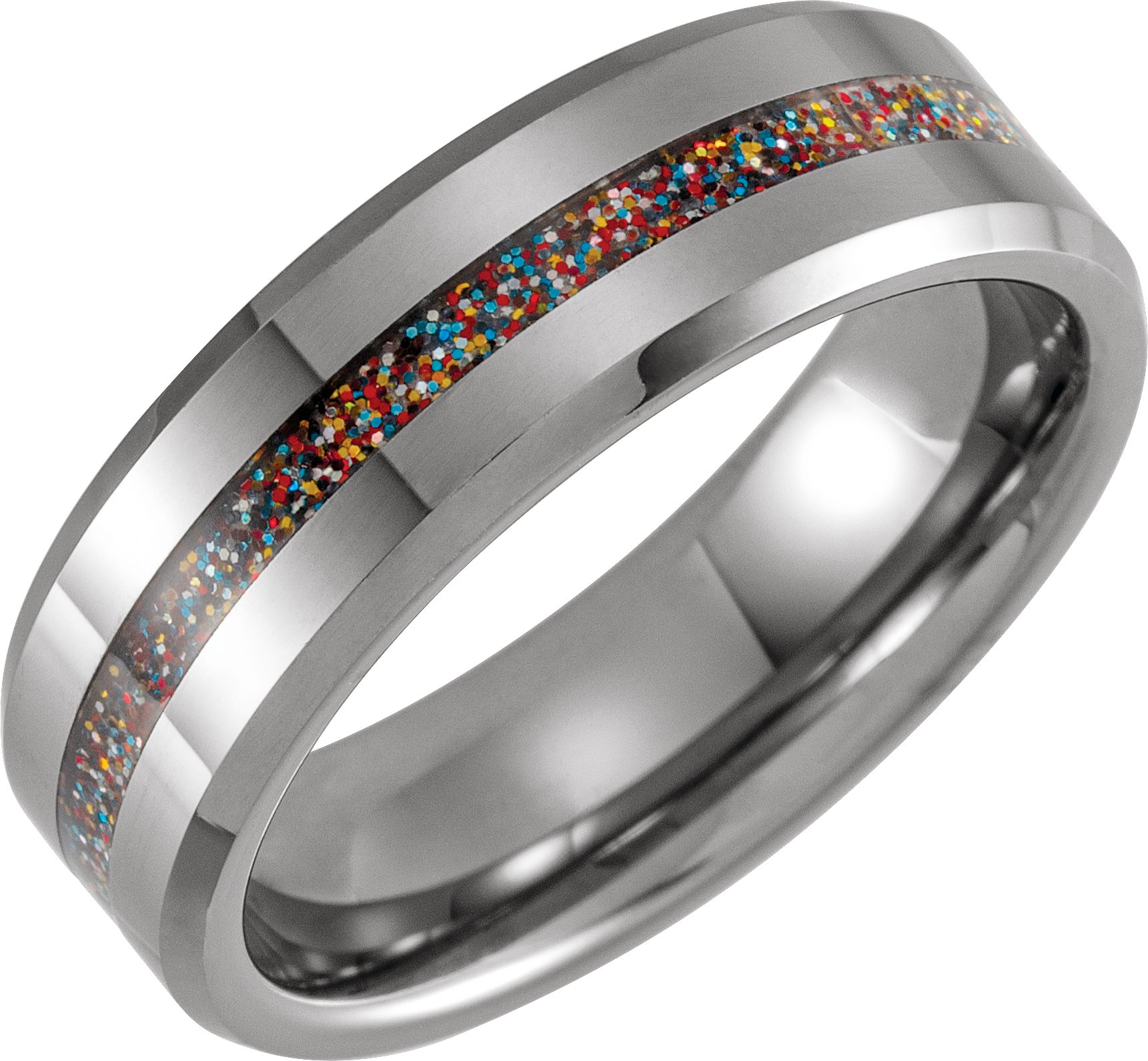 Tungsten 8 mm Beveled Band with Color Chip Inlay Size 11