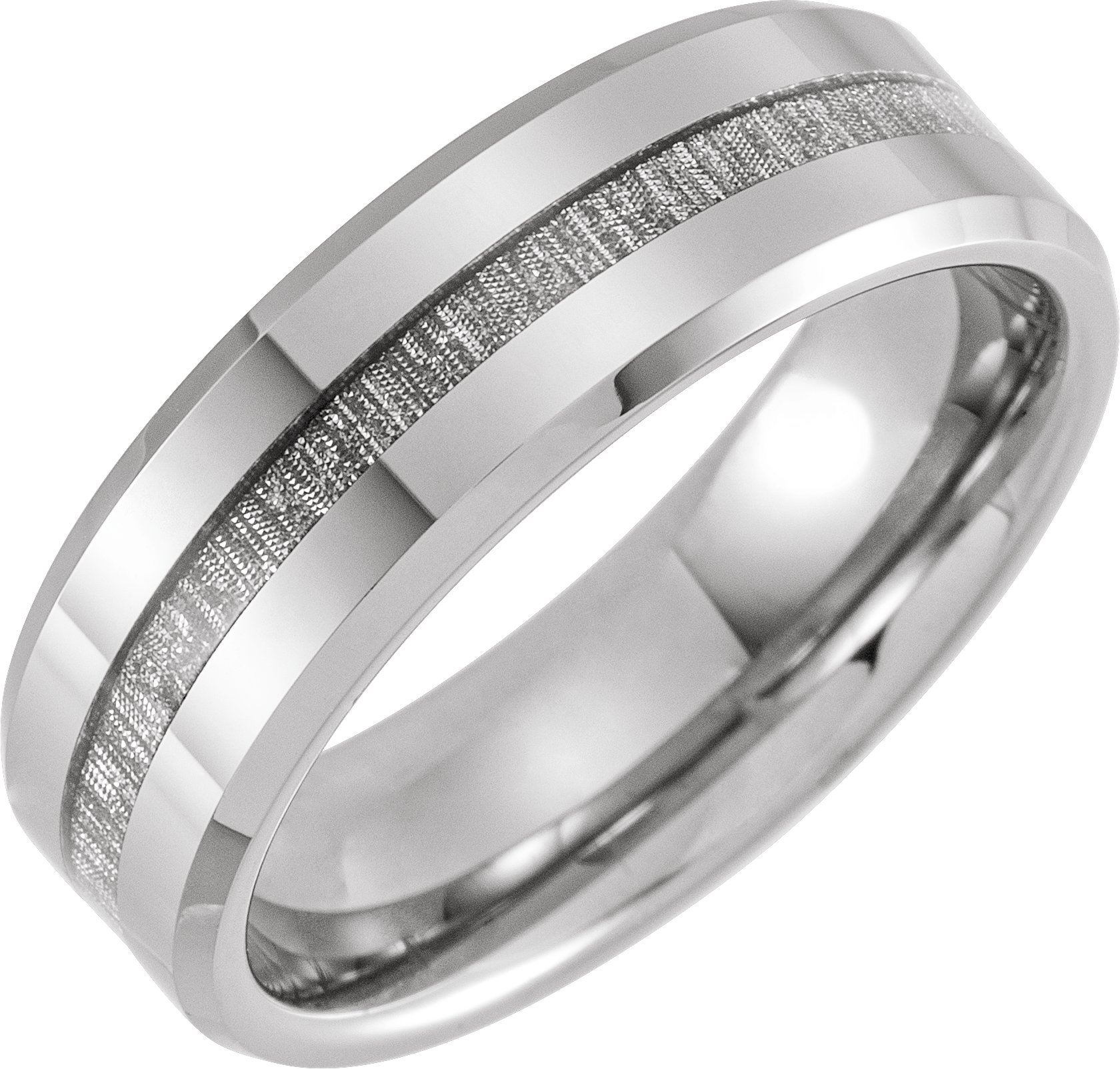 Tungsten 8 mm Beveled Band with Manmade Meteorite Inlay Size 10