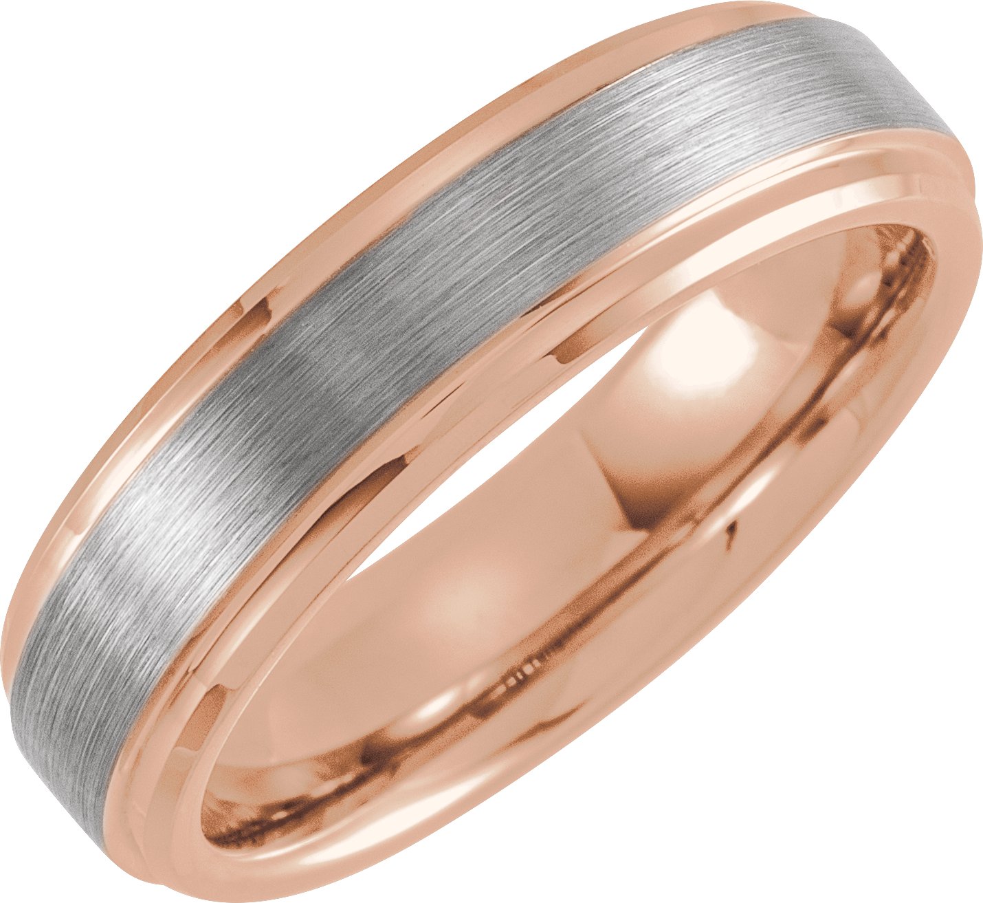 18K Rose Gold PVD Tungsten 6 mm Beveled Stepped Edge Satin Band Size 8.5