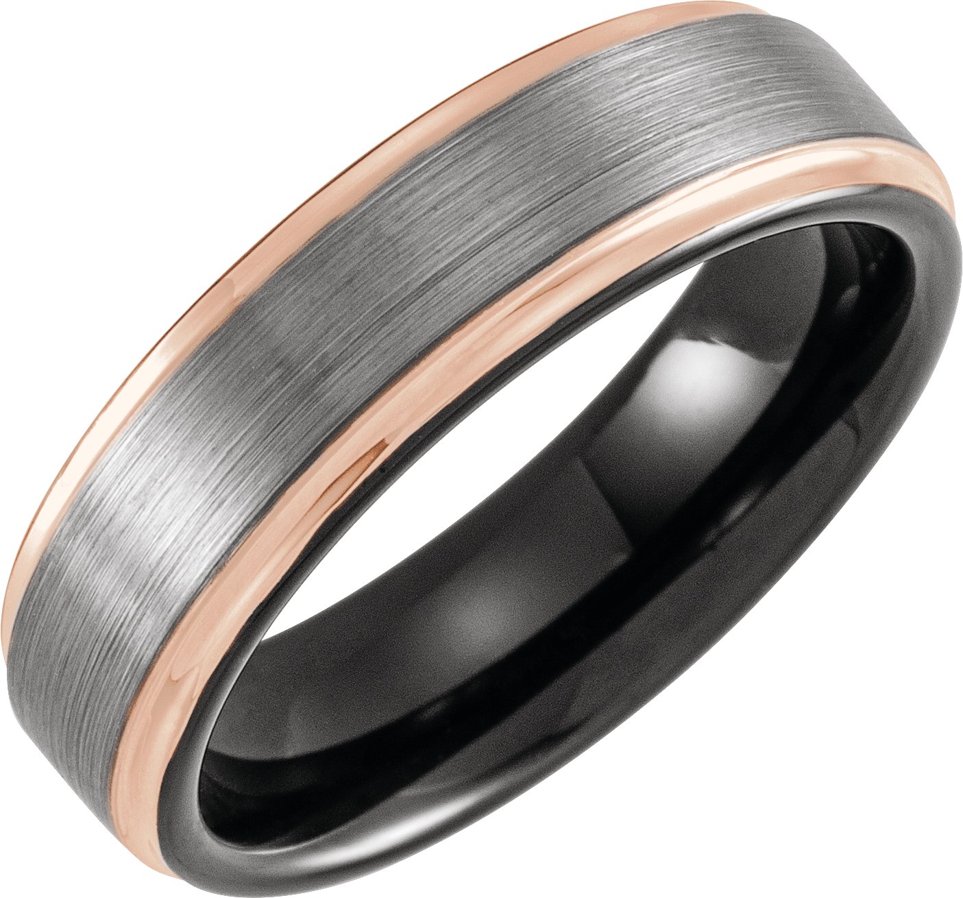 18K Rose Gold PVD & Black PVD Tungsten 6 mm Flat Grooved Satin Band Size 9