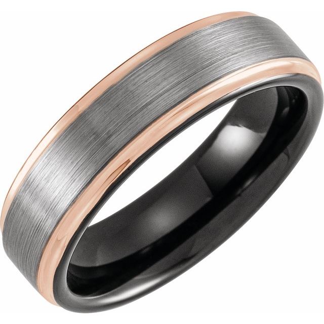 Black & 18K Rose Gold PVD Tungsten 6 mm Grooved Band Size 10 with Satin Finish