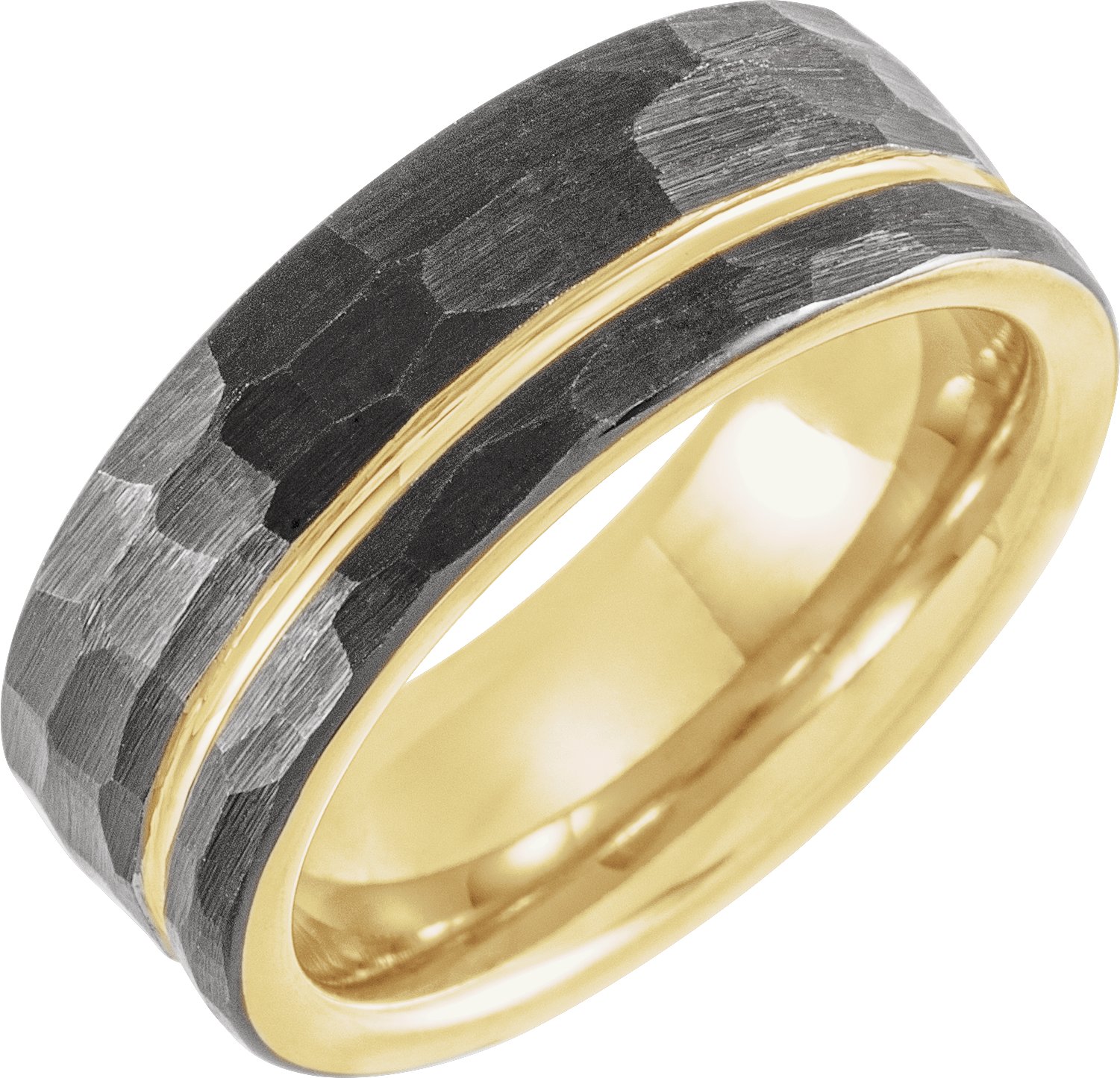 18K Yellow Gold PVD & Black PVD Tungsten 8 mm Flat Grooved Hammered Band Size 13