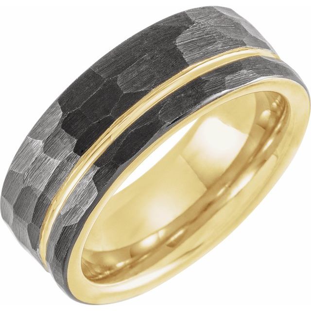 Black & 18K Yellow Gold PVD Tungsten 8 mm Grooved Size 10 Band With Hammer Finish