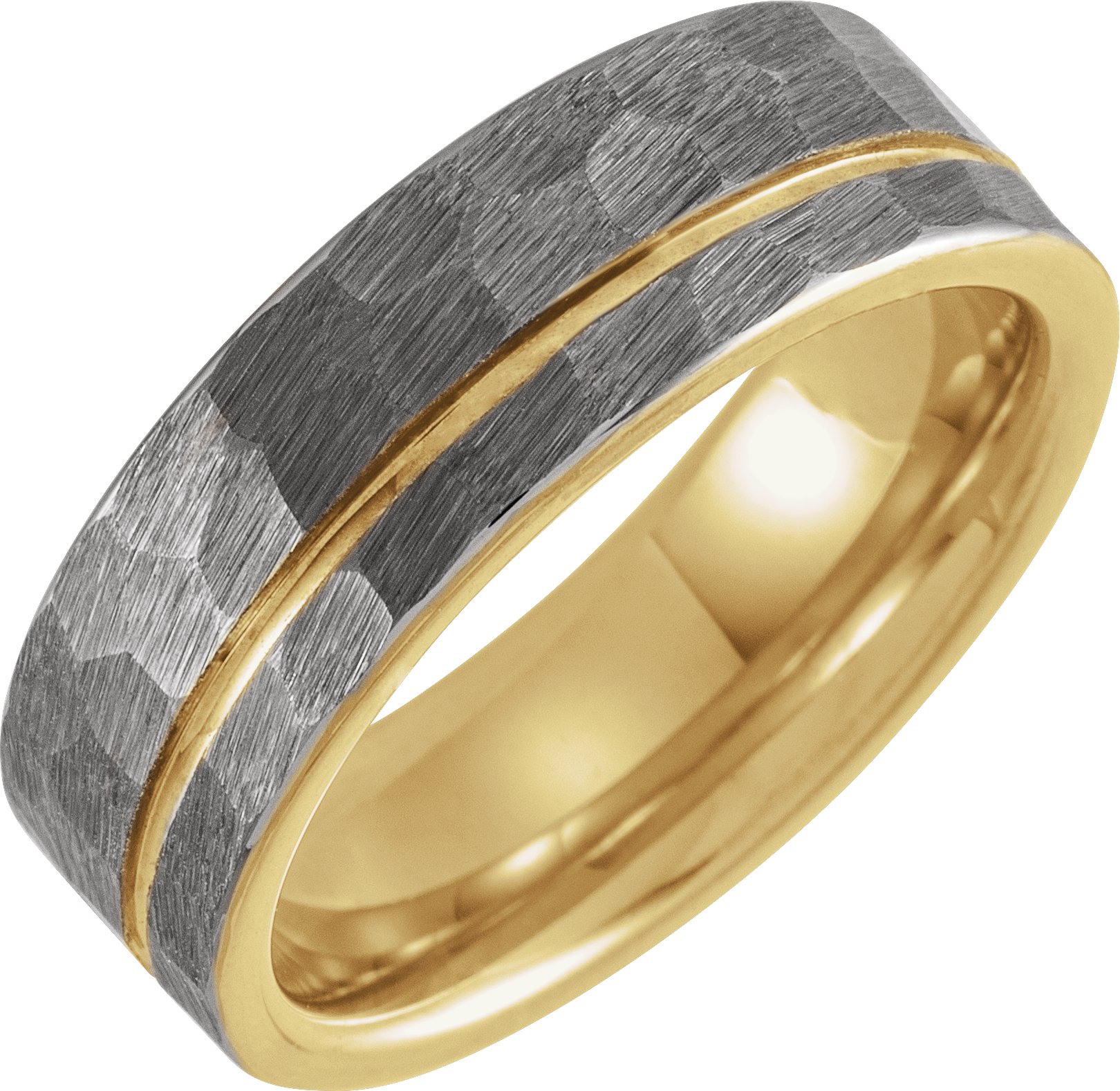 18K Yellow Gold PVD Tungsten 8 mm Flat Grooved Hammered Band Size 10 