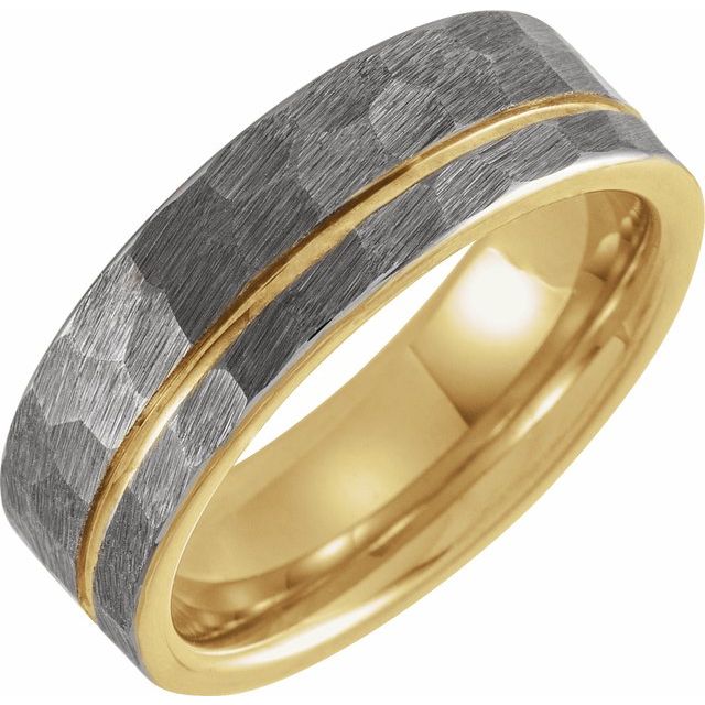 18K Yellow Gold PVD Tungsten 8 mm Flat Grooved Hammered Band Size 10 