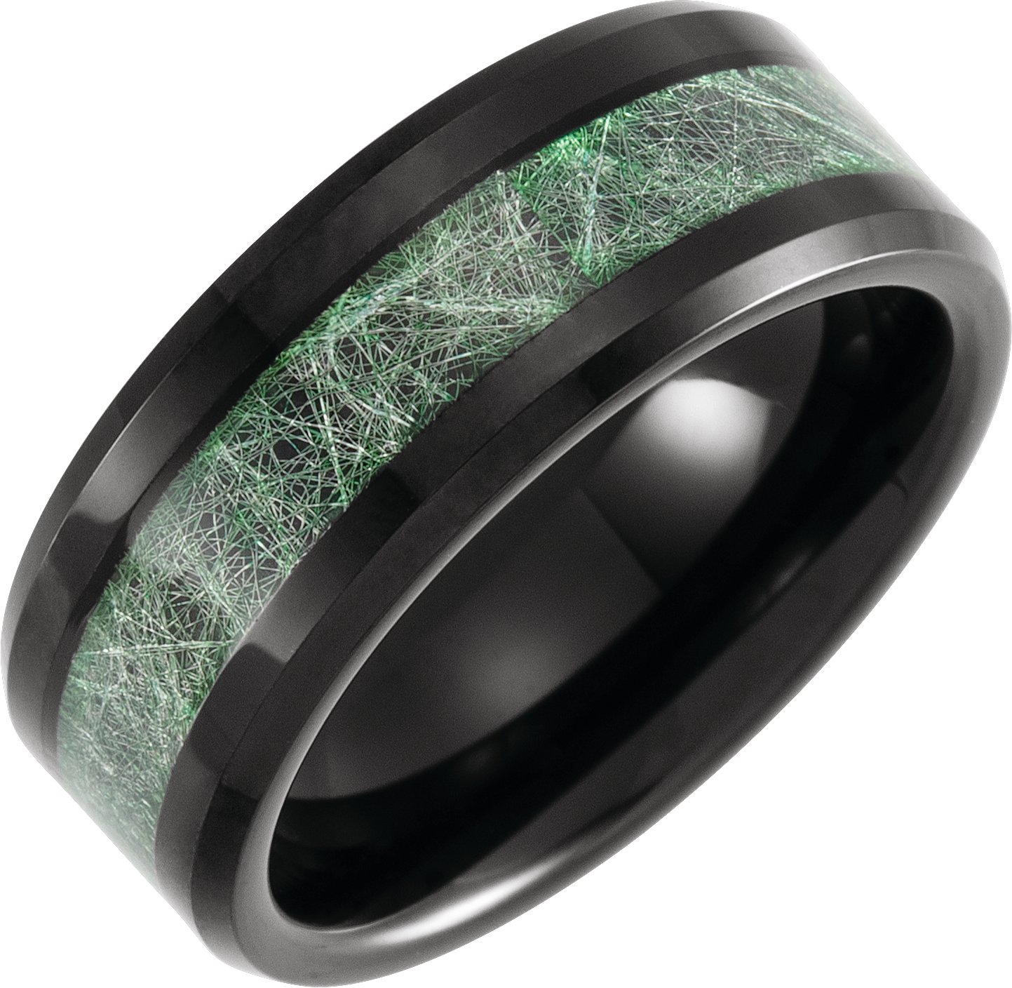 Tungsten 8 mm Beveled Band with Imitation Meteorite Inlay Size 9.5
