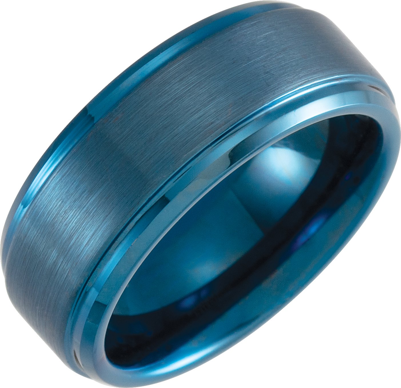 Blue PVD Tungsten 8 mm Beveled Stepped Satin Band Size 14