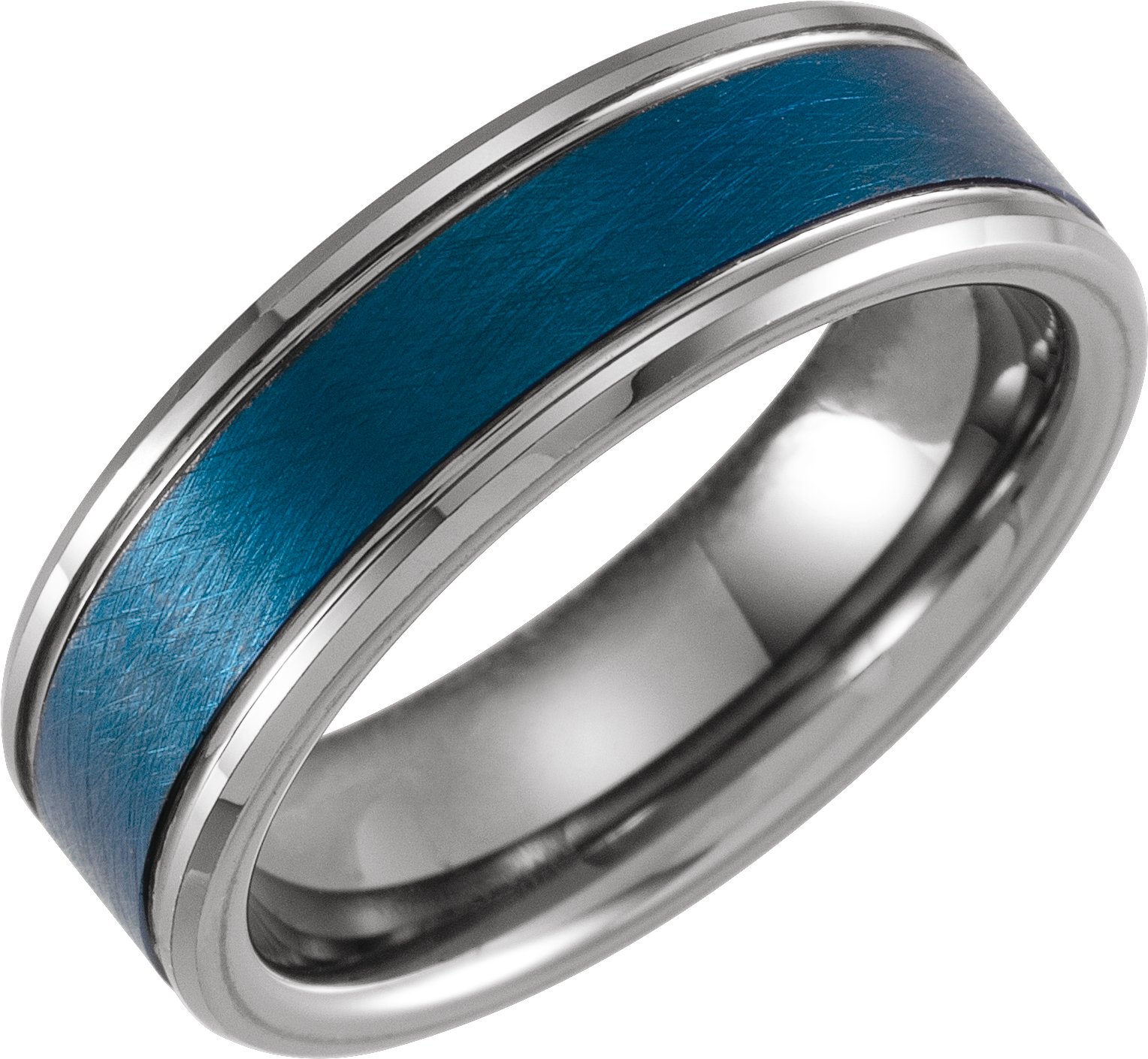 Blue PVD Tungsten 7 mm Beveled Grooved Band Size 13