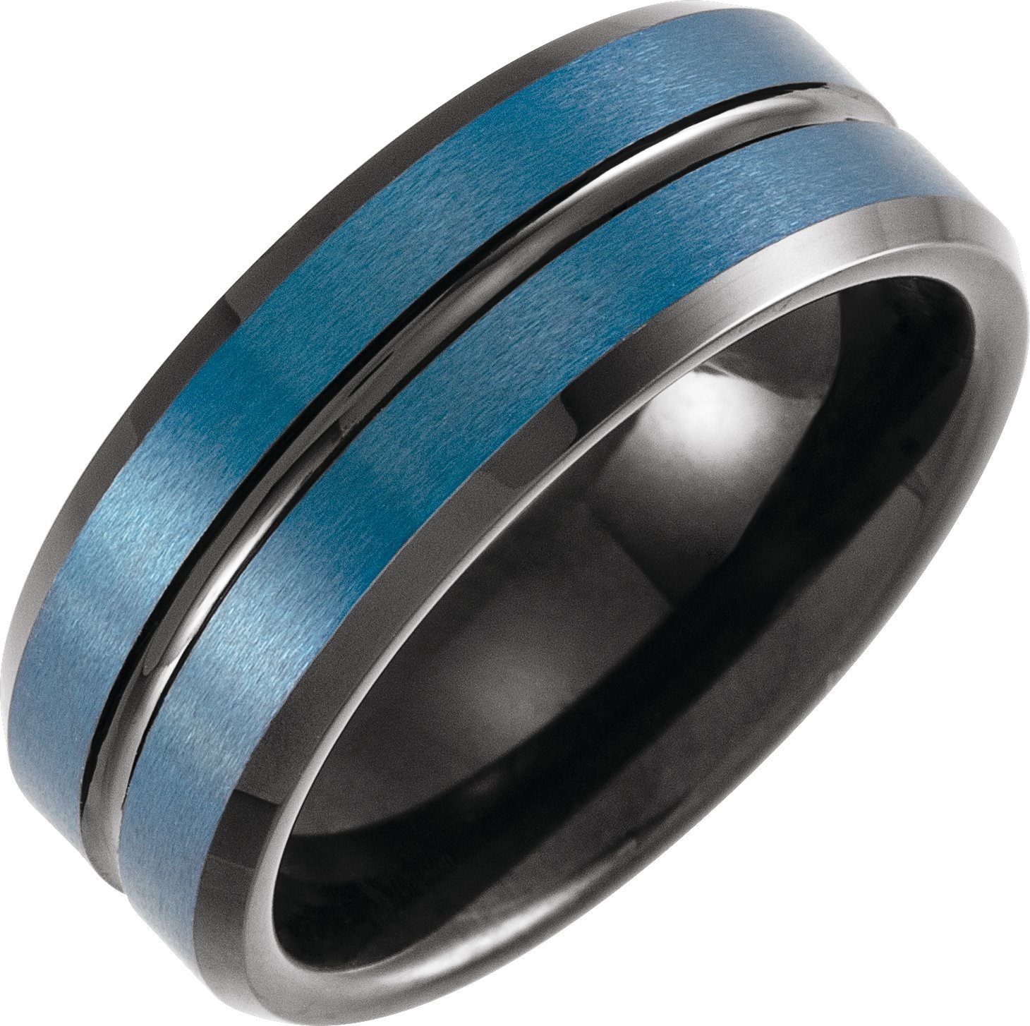 Black & Blue PVD Tungsten 8 mm Beveled Grooved Band Size 12.5