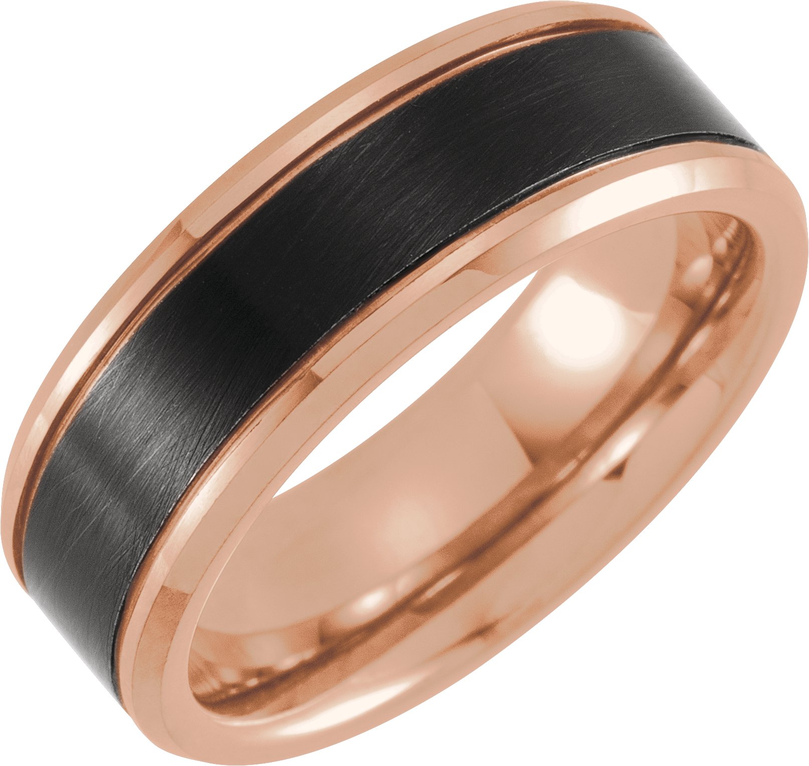 18K Rose Gold PVD & Black PVD Tungsten 8 mm Beveled Grooved Satin Band Size 7.5
