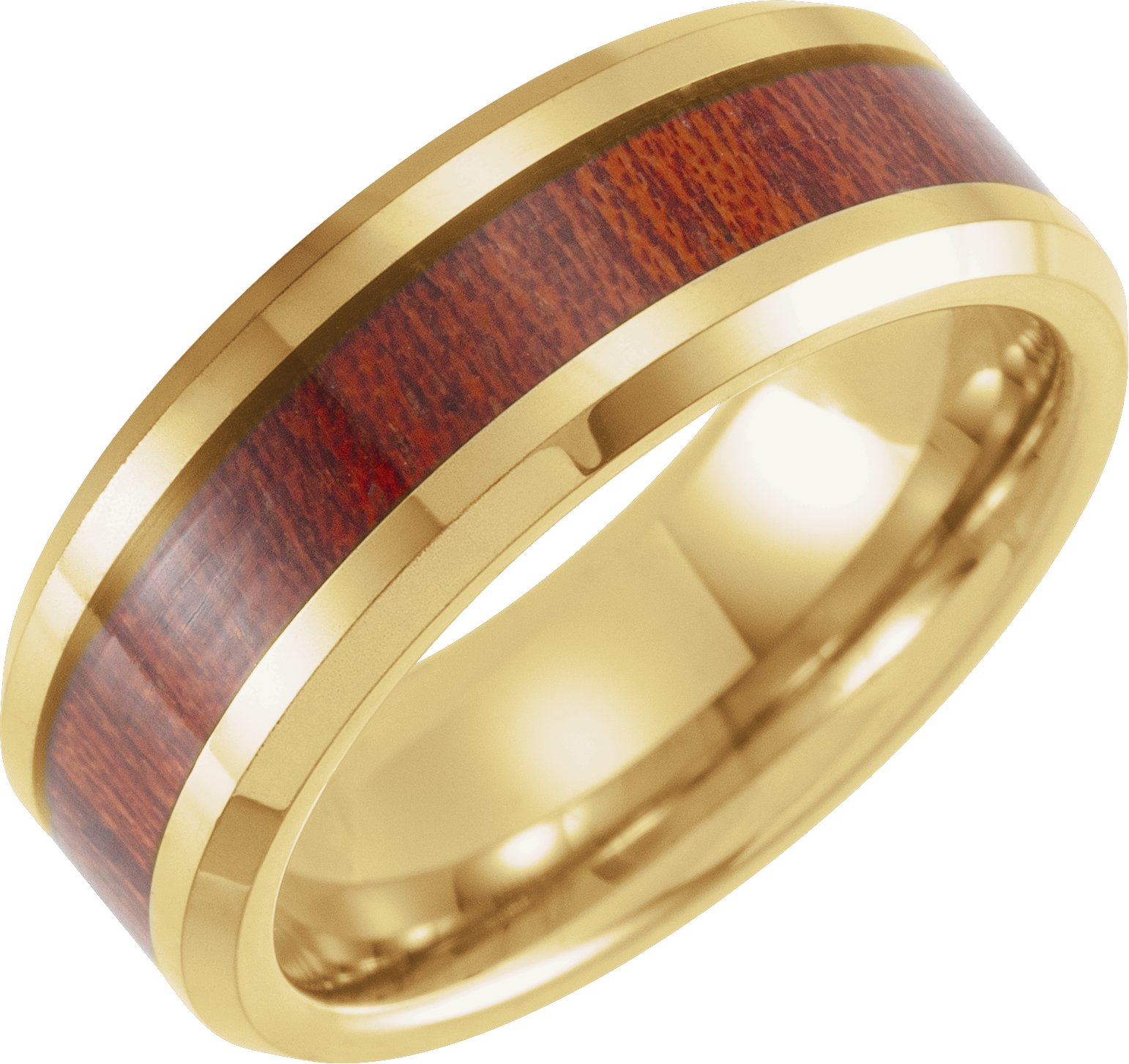 18K Yellow Gold PVD Tungsten 8 mm Beveled Band with Walnut Wood Inlay Size 13