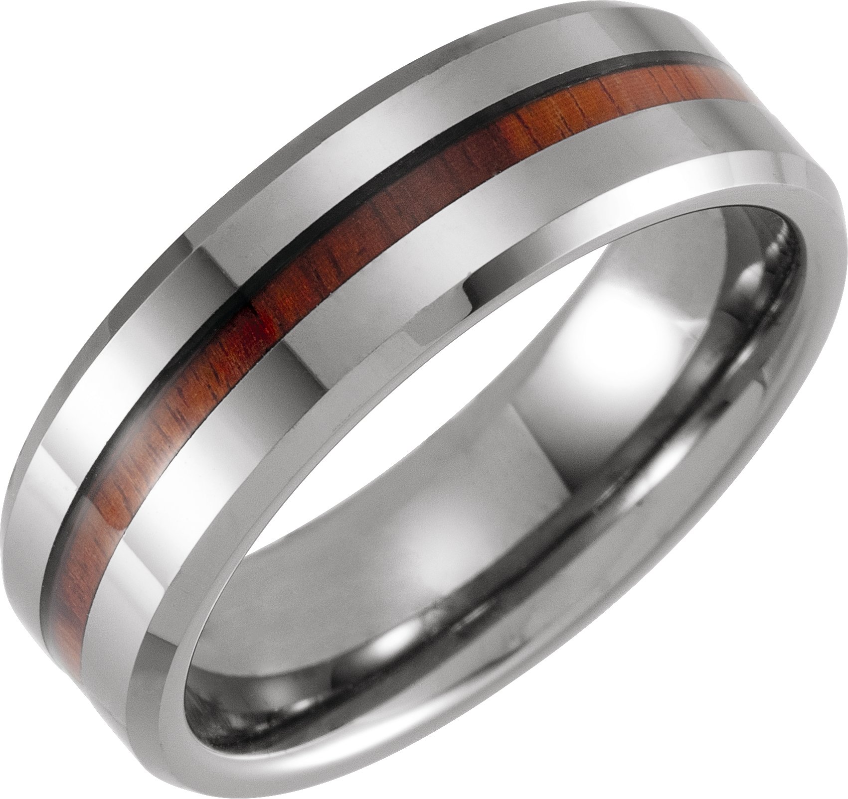 Tungsten 8 mm Beveled Band with Acacia Wood Inlay Size 8.5