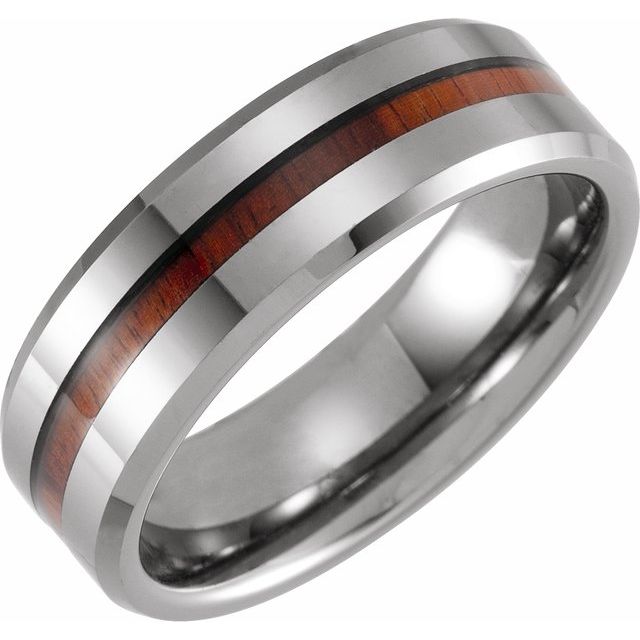 Tungsten 8 mm Beveled-Edge Band with Acacia Wood Inlay Tungsten 8 mm Beveled-Edge Band with Acacia Wood Inlay
