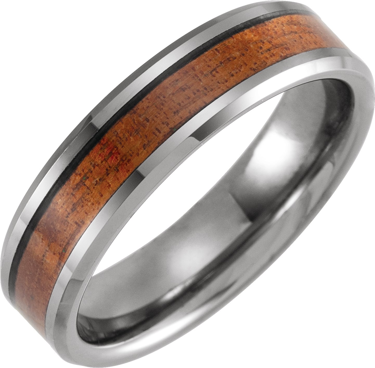 Tungsten 6 mm Beveled Band with Acacia Wood Inlay Size 12