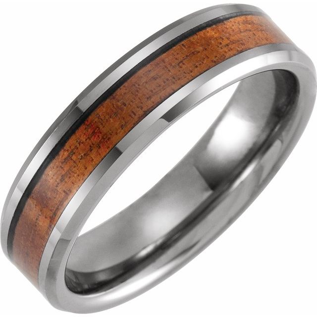 Tungsten 6 mm Beveled-Edge Band with Acacia Wood Inlay Size 10