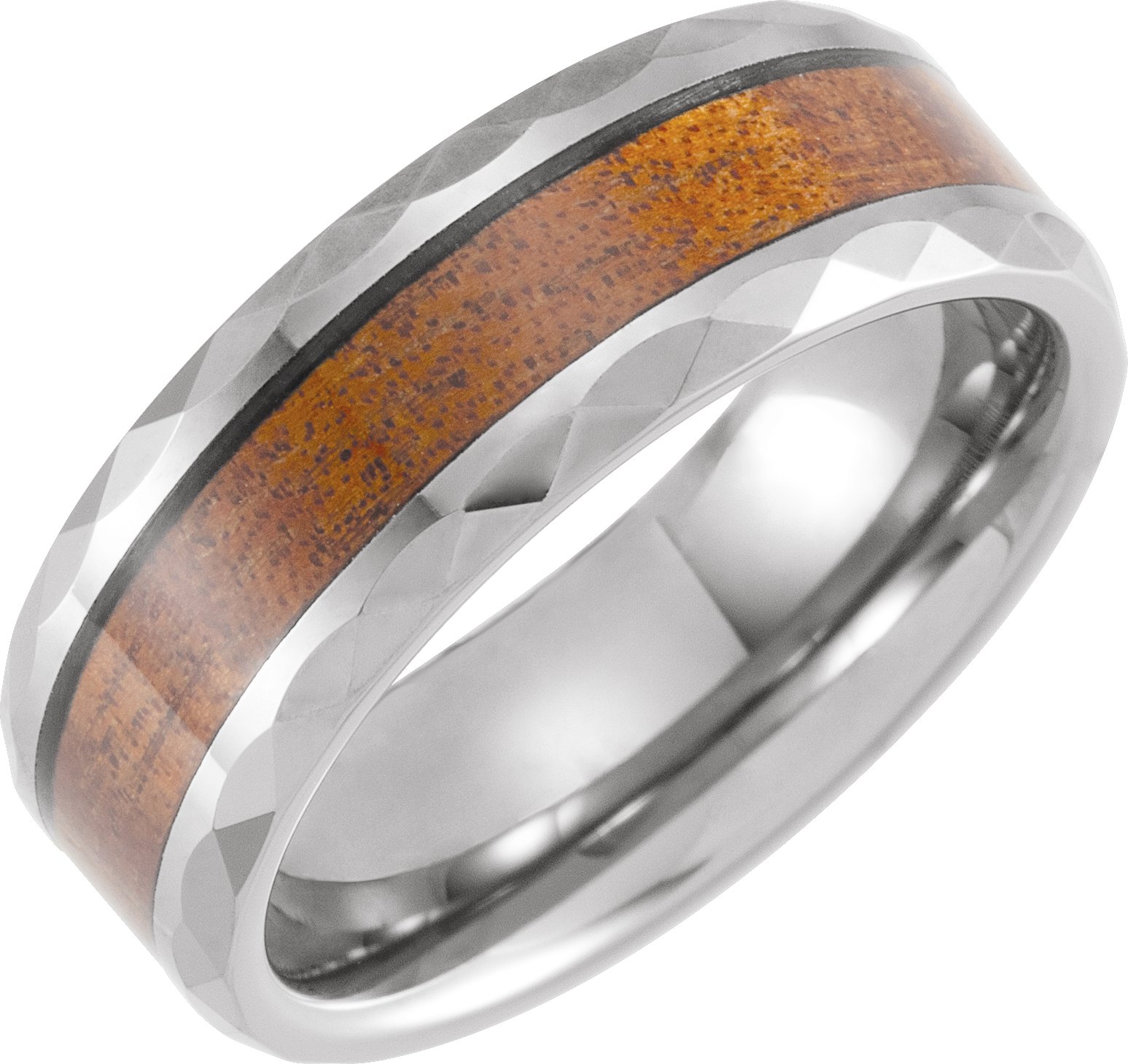 Tungsten 8 mm Beveled Band with Acacia Wood Inlay Size 13