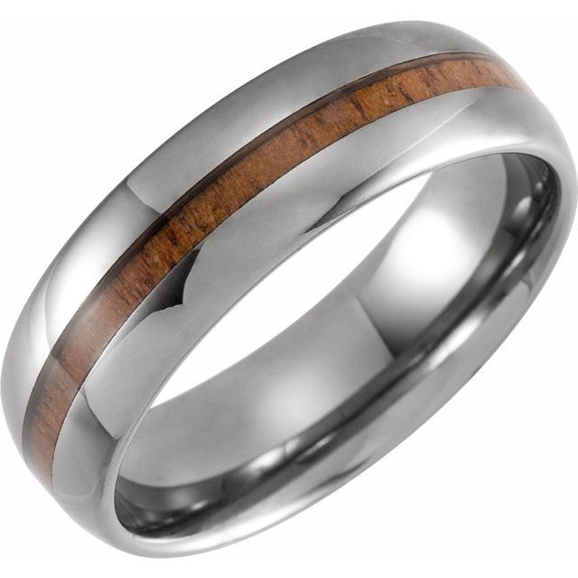 Tungsten 8 mm Beveled-Edge Band with Acacia Wood Inlay Tungsten 8 mm Beveled-Edge Band with Acacia Wood Inlay