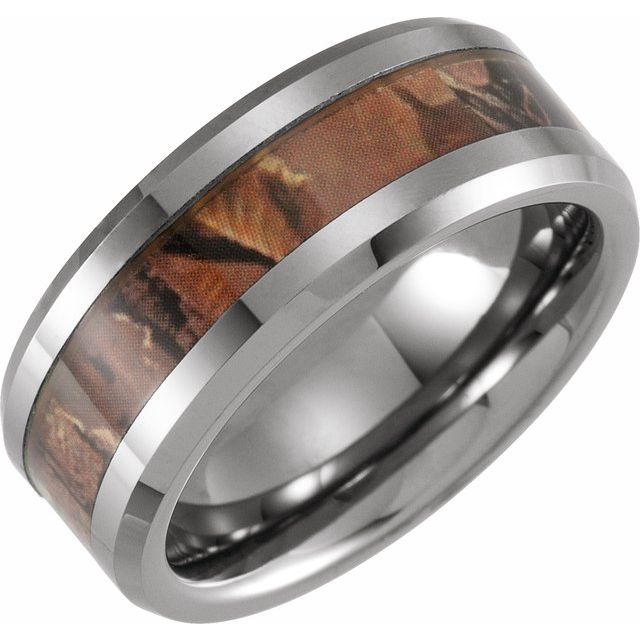 Tungsten 8 mm Beveled-Edge Band with Acacia Wood Inlay Tungsten 8 mm Beveled-Edge Band with Acacia Wood Inlay