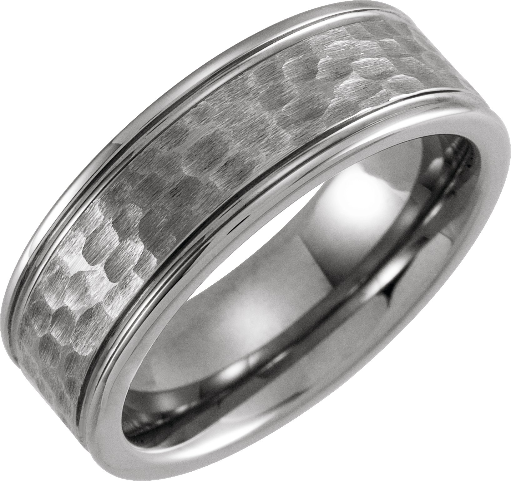 Tungsten 8 mm Flat Grooved Hammered Band Size 7